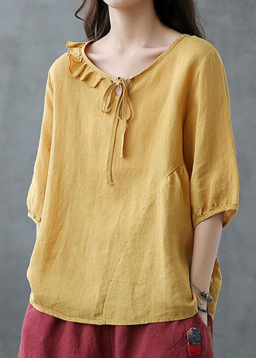 Yellow Ruffled Patchwork Linen Shirt Half Sleeve