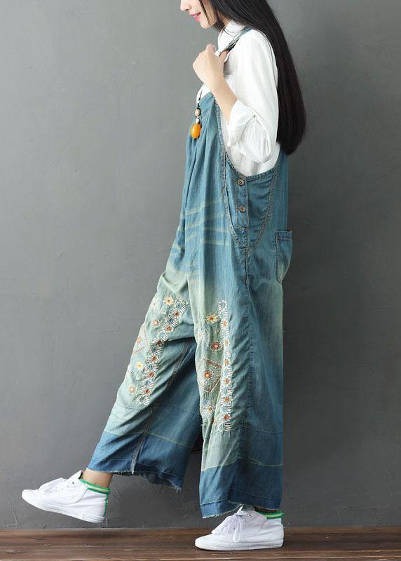 Handmade Blue Pockets Embroideried Button Fall Cotton Romper Outfit