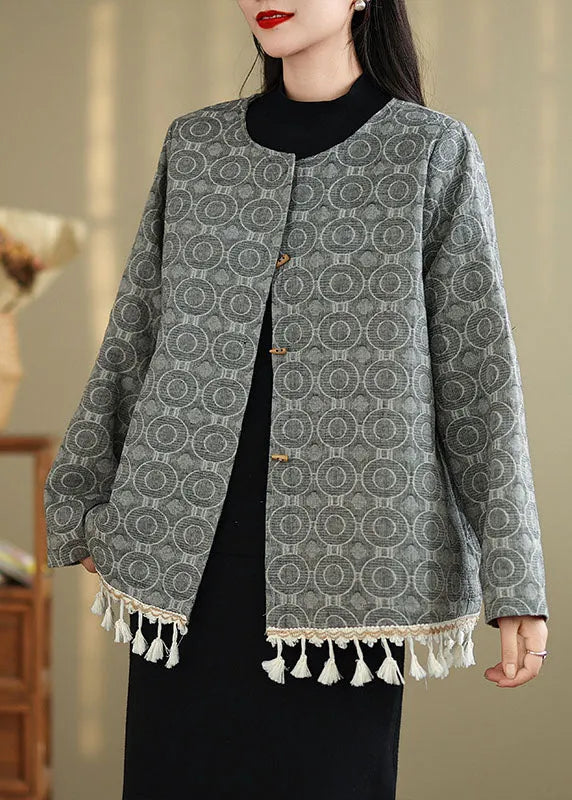Chinese Style O-neck Tassel Jacquard Cotton Coat Spring