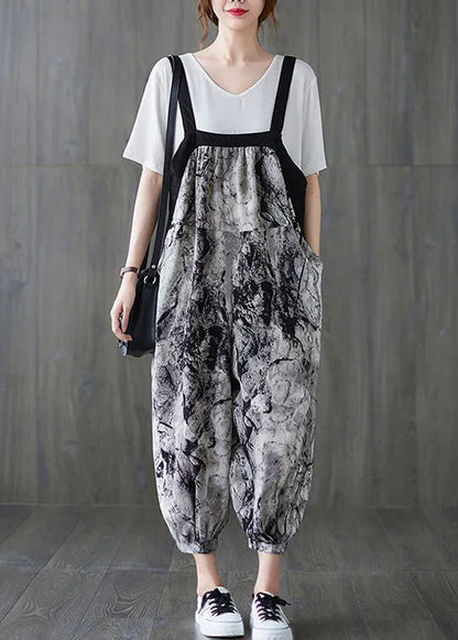 Art Ink Printing Pocket Patchwork Lantern Pant Strap Jumpsuit Spring