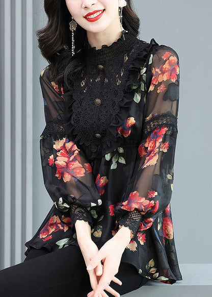 Black Stand Collar Patchwork Print Chiffon Shirt Top Spring