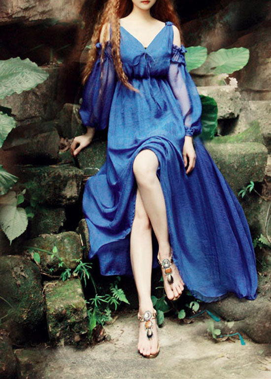 Blue V Neck Cold Shoulder Silk Maxi Dresses Puff Sleeve