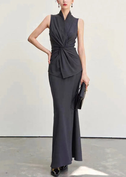 Italian Dark Gray V Neck Wrinkled Tank and Skirts Cotton Two Pieces Set Sleeveless