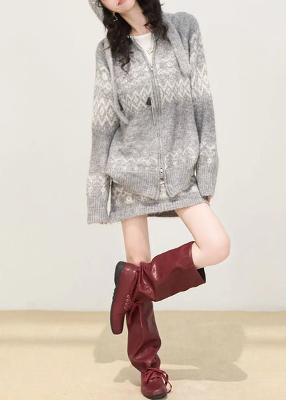 Boutique Grey Zip Up Print Knit Two Piece Set Spring