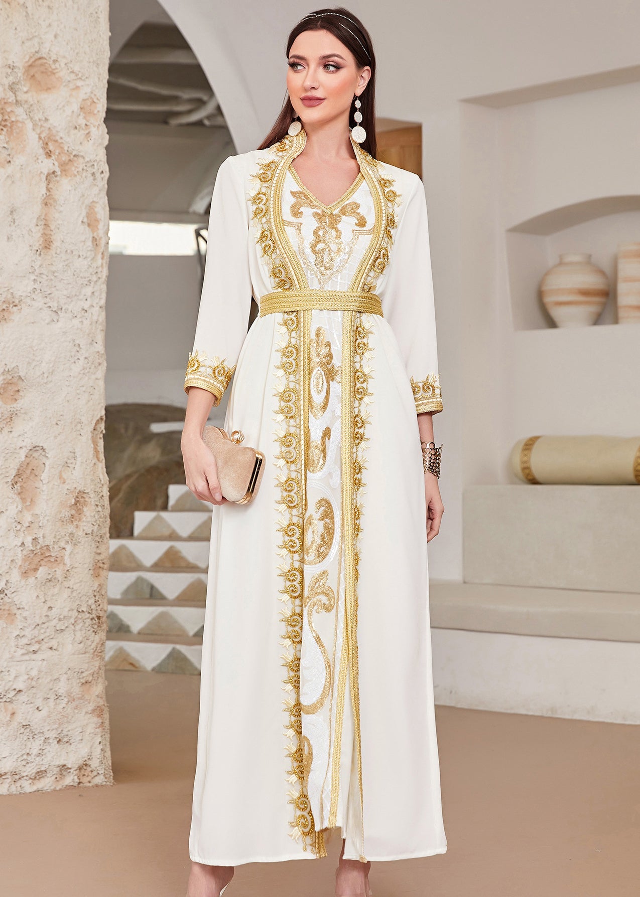 Diy White Stand Collar Lace Patchwork Vacation Maxi Dresses Long Sleeve