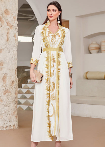 Diy White Stand Collar Lace Patchwork Vacation Maxi Dresses Long Sleeve