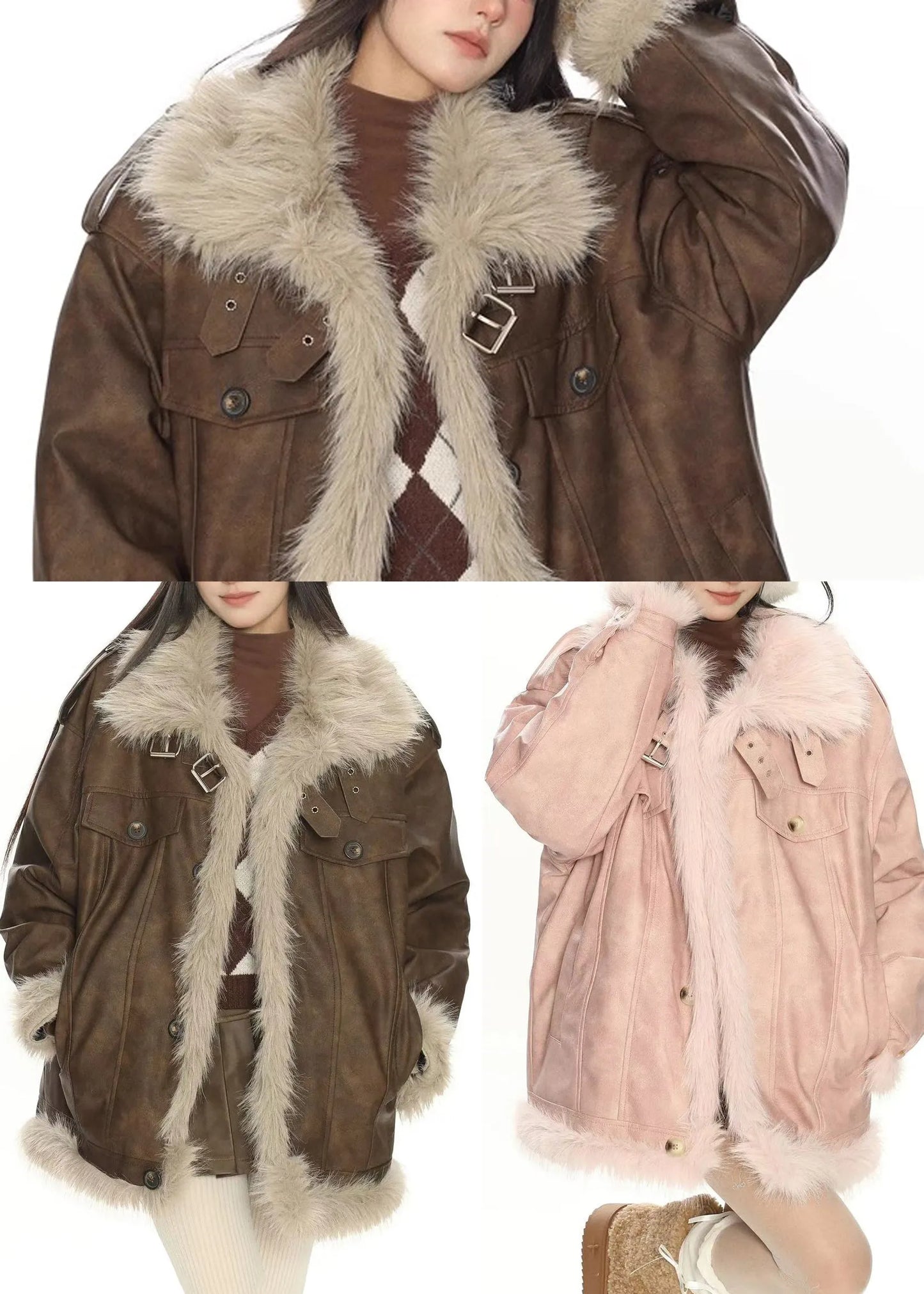 Modern Brown Oversized Patchwork Faux Leather Jackets Winter