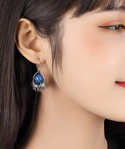 Blue Sterling Silver Agate Hoop Earrings