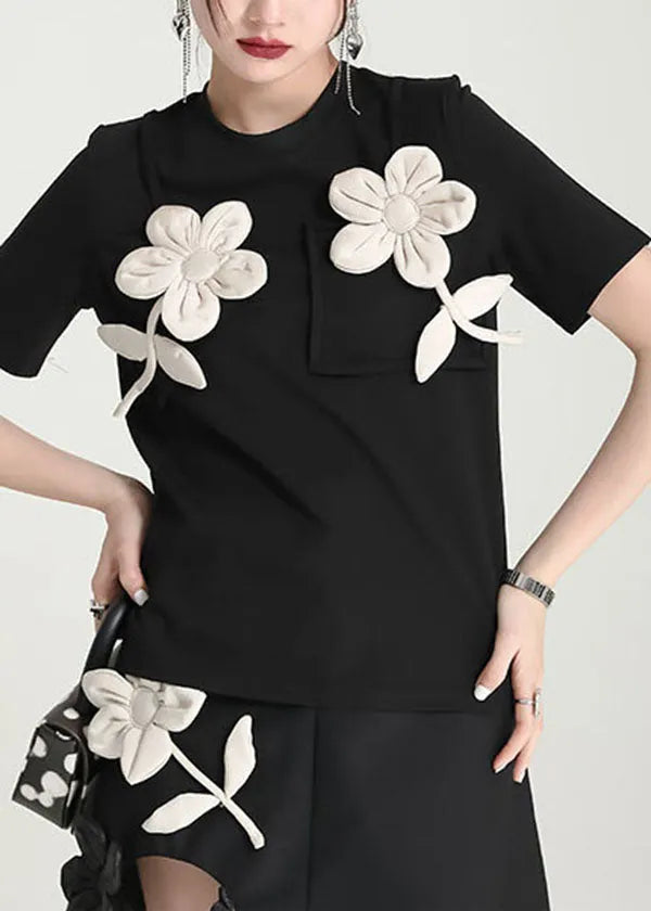 Original Design Black O-neck Patchwork Applique Cotton Tank Tops Short Sleeve