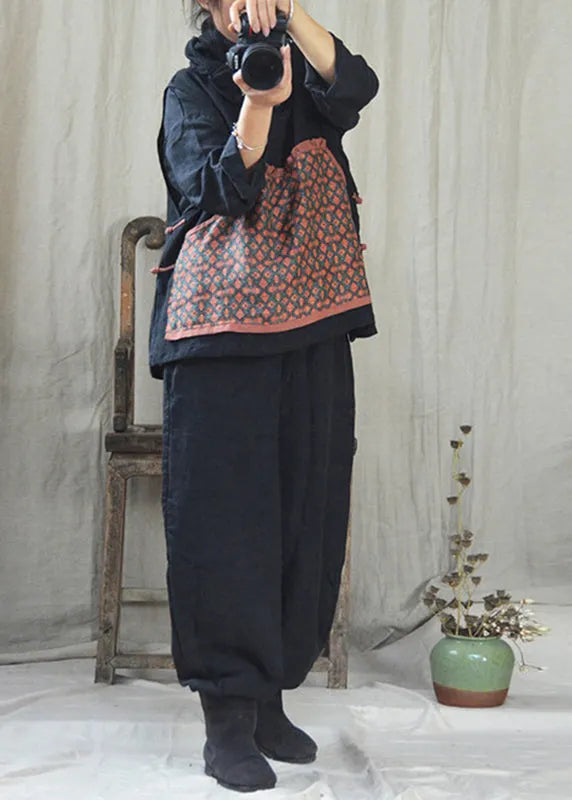 Black O-neck Print Linen Waistcoat and Pants Two Pieces Set Fall