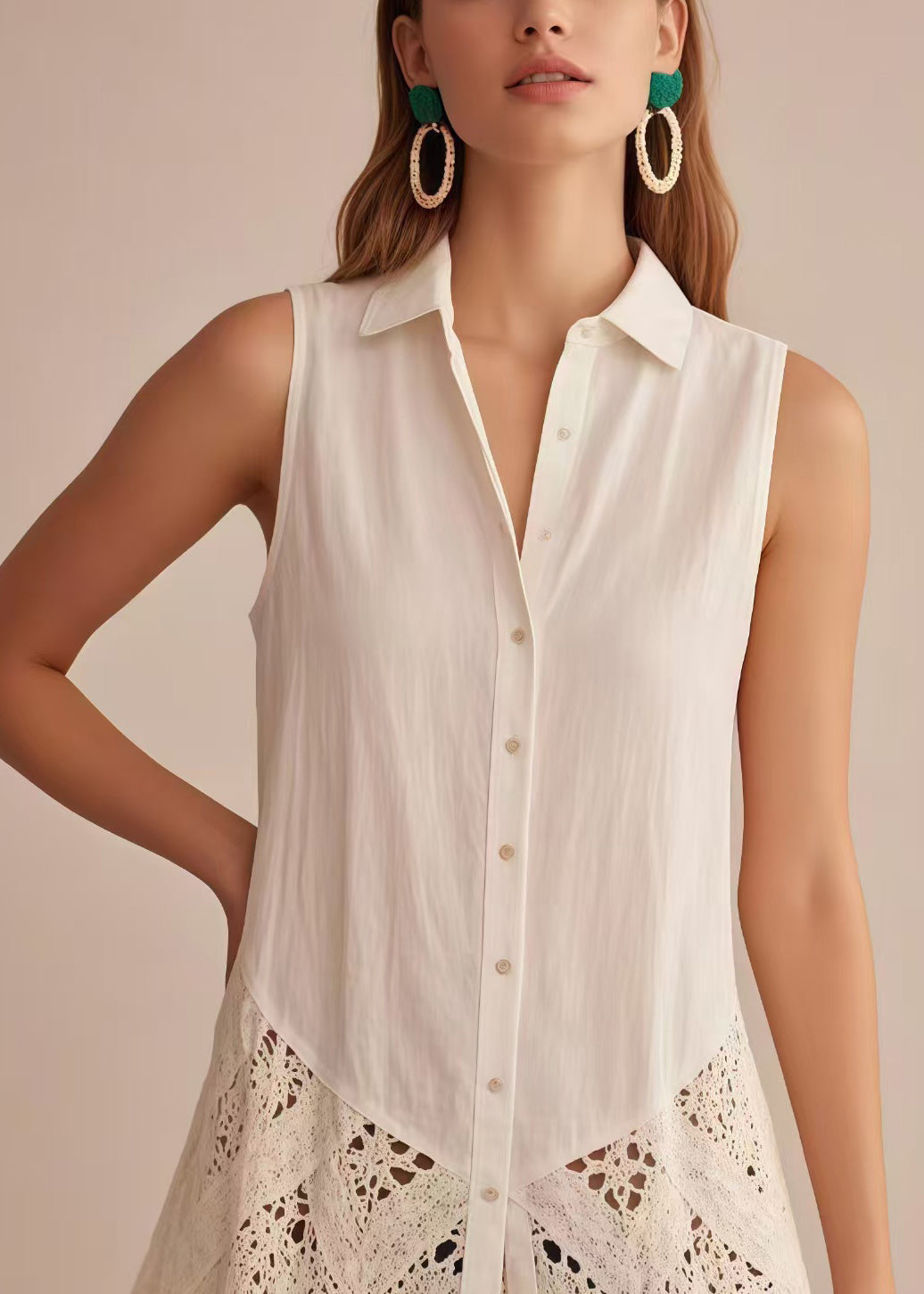 Classy White Hollow Out Patchwork Cotton Shirt Top Sleeveless