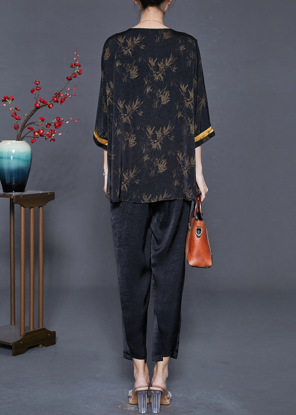 Black Oversized Print Silk Two Pieces Set Summer
