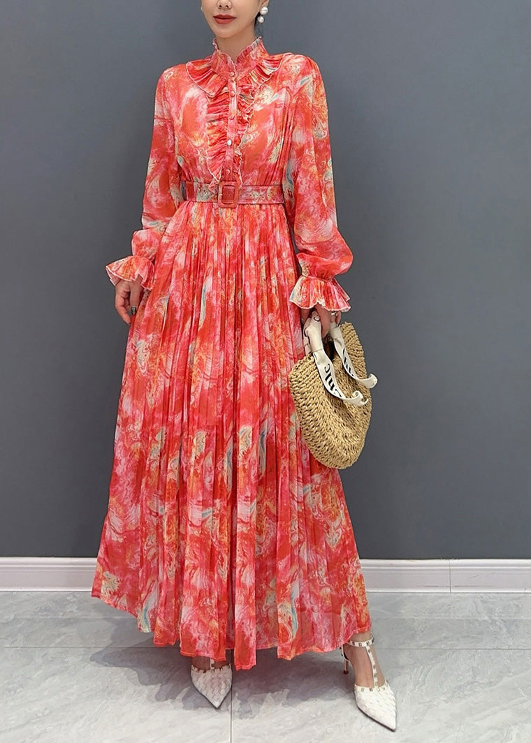 Red Stand Collar Print Sashes Chiffon Long Dress Long Sleeve Fall