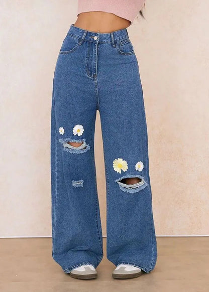 Stylish Blue Embroidered Pockets Straight Ripped Jeans Spring