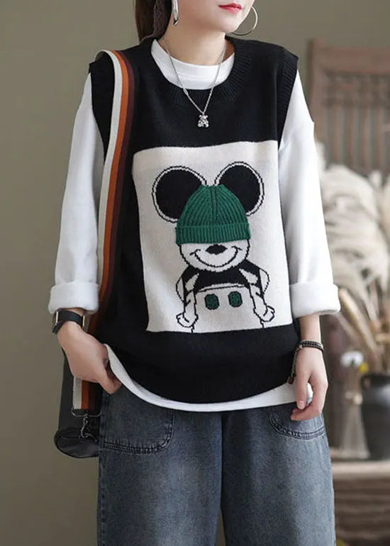 Black O-neck Animal Knit Vest Sleeveless
