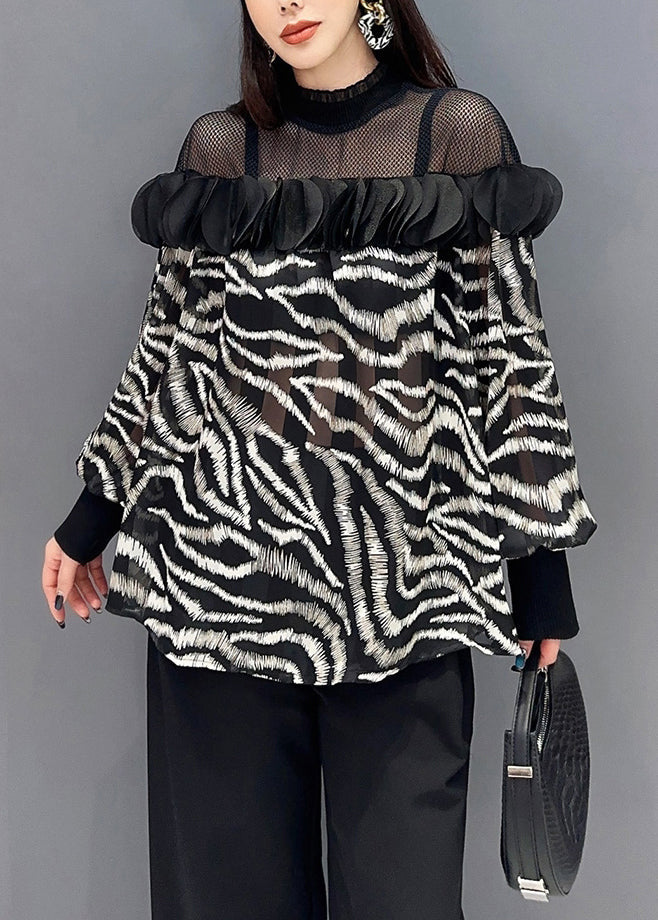 Yellow Leopard Tulle Patchwork Chiffon Top Long Sleeve