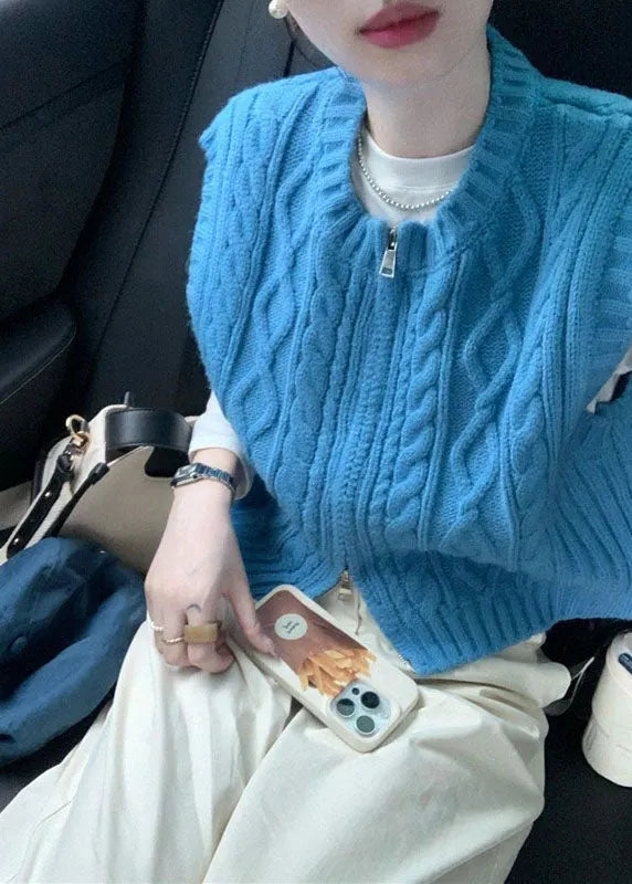 Art Blue O-neck Zippered Cozy Cable Knit Waistcoat Sleeveless