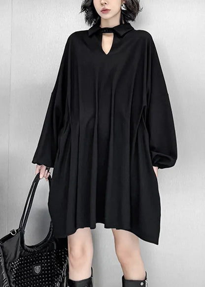 Black Hollow Out Mid Dress Lantern Sleeve