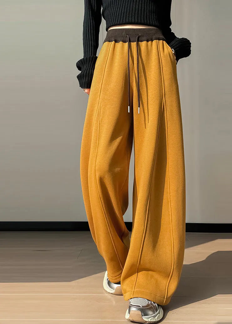 Yellow Elastic Waist Patchwork Warm Fleece Pants Winter