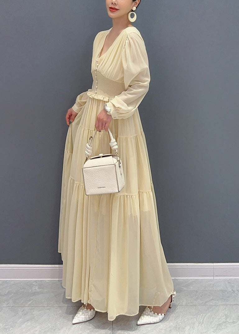 Purple V Neck Wrinkled Patchwork Chiffon Dress Long Sleeve