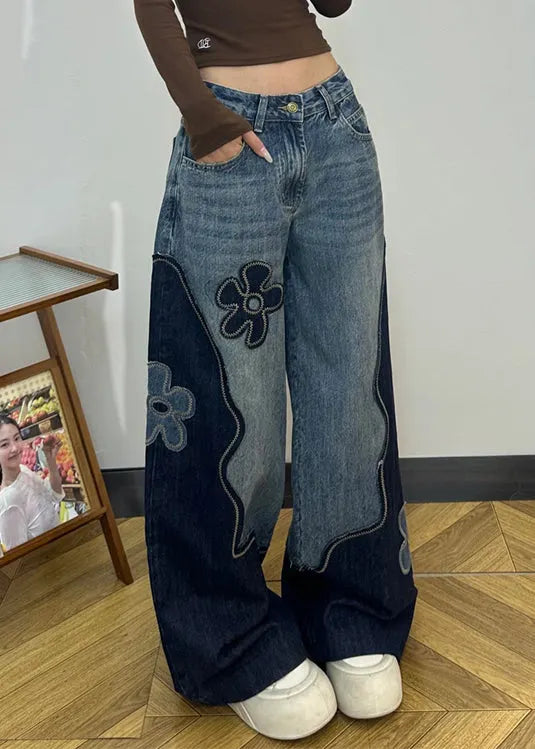 Fitted Colorblock Embroidered Denim Straight Pants Spring