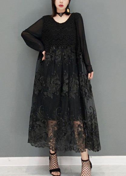 Loose Black O-neck Lace Vacation Dresses Long Sleeve