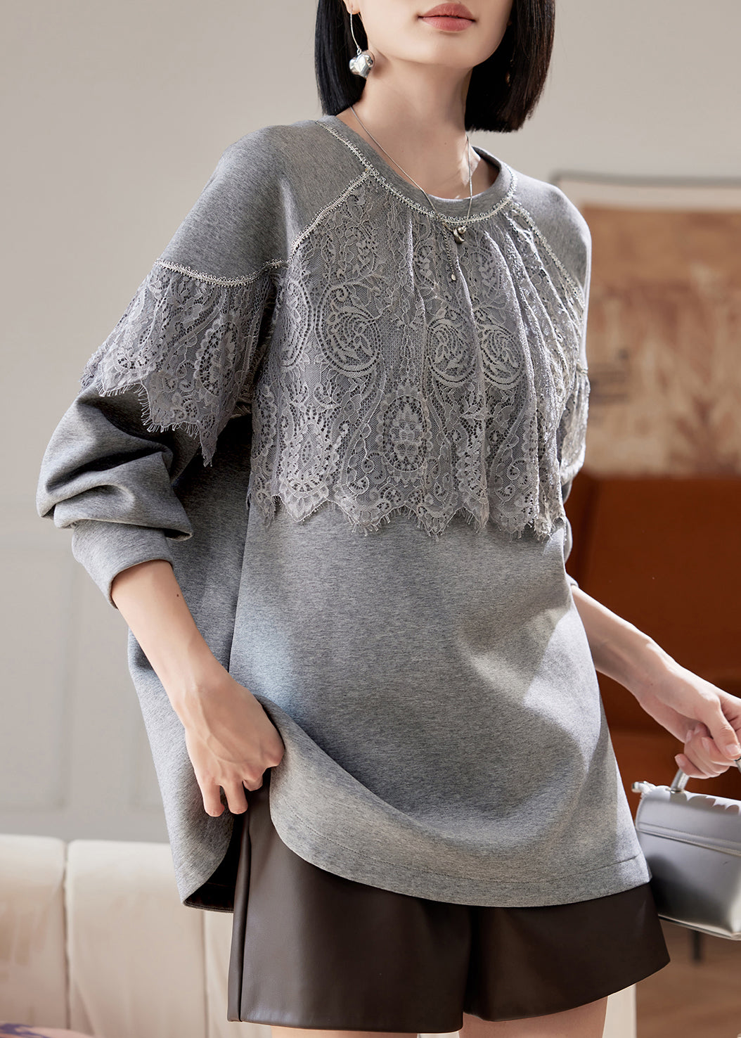 Grey O Neck Lace Patchwork Cotton Sweatshirts Spring