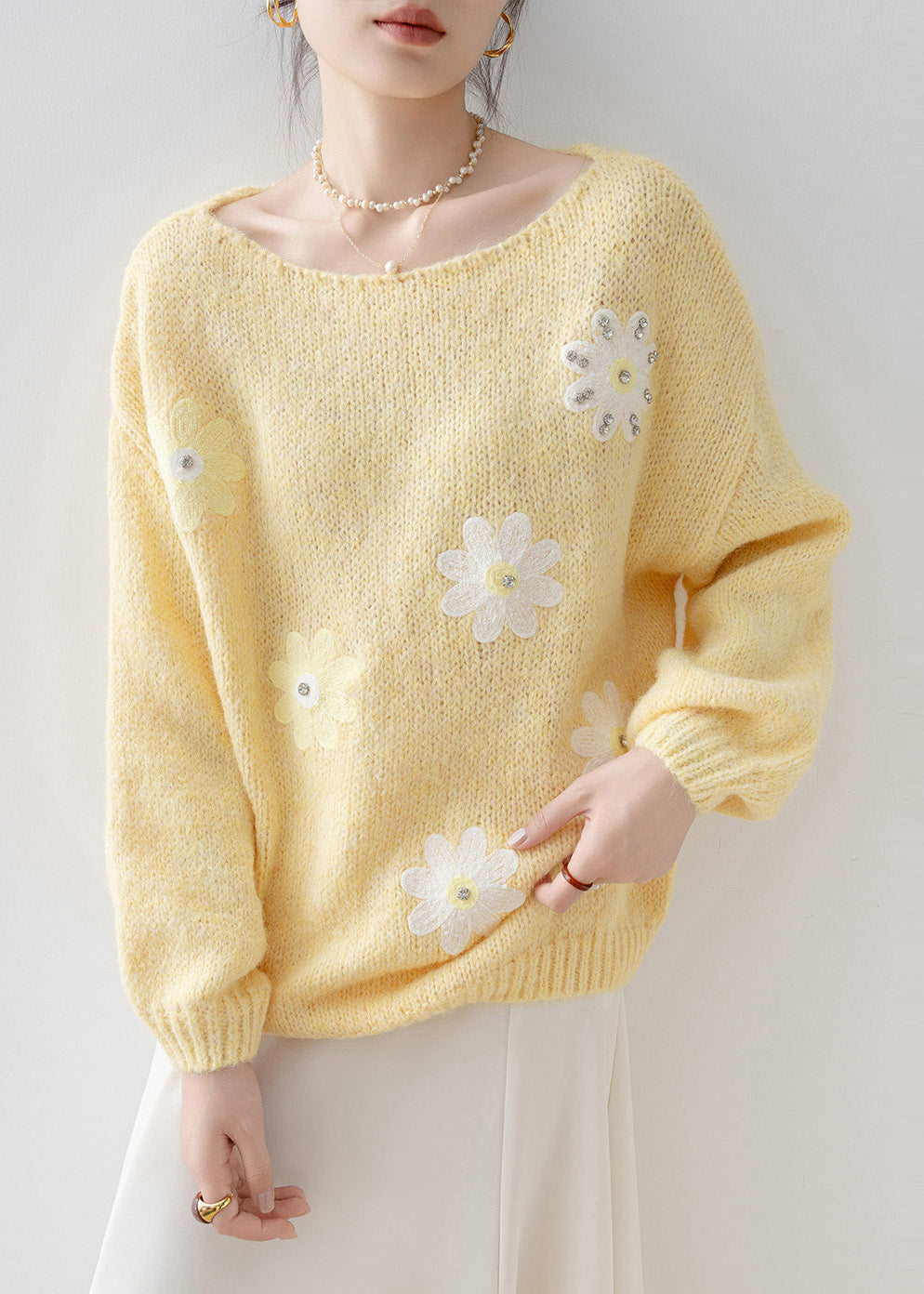 Fine Yellow Oversized Rhinestone Knit Sweaters Winter