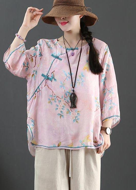 Pink Print Linen Oriental Summer Shirts