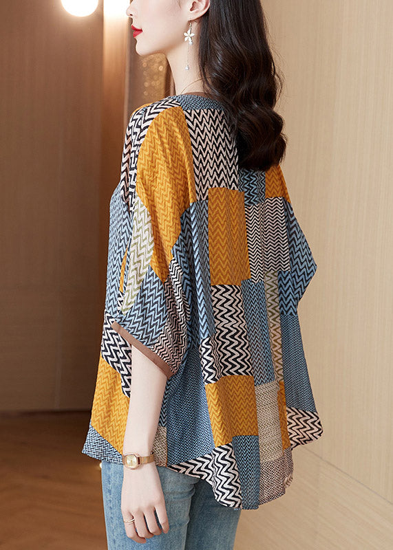 Yellow O-neck Print Patchwork Silk Tops Half Sleeve