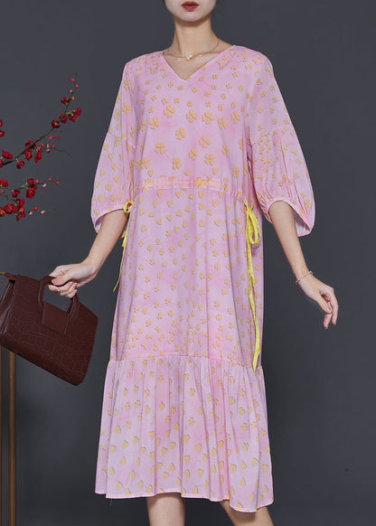 Pink Print Drawstring Cotton Maxi Dresses Bracelet Sleeve