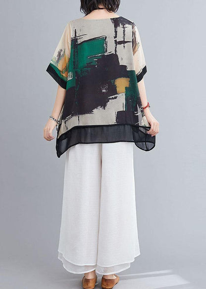 Green Print O-neck Two Pieces Set Summer Chiffon