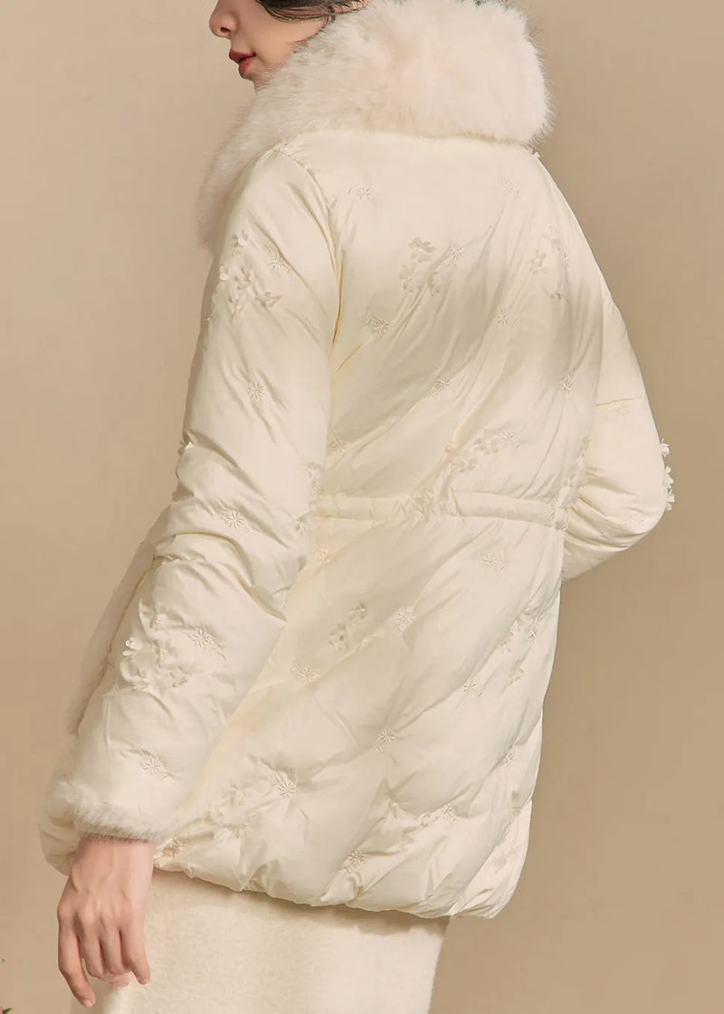 Beige Fur Collar Button Duck Down Puffer Coat Winter