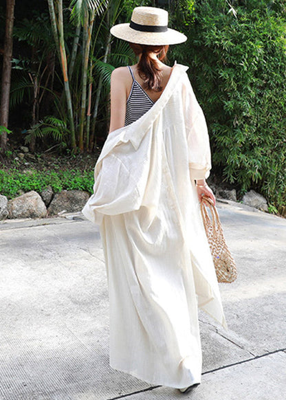 Beige Peter Pan Collar Pockets Button Lengthen Coat Long Sleeve
