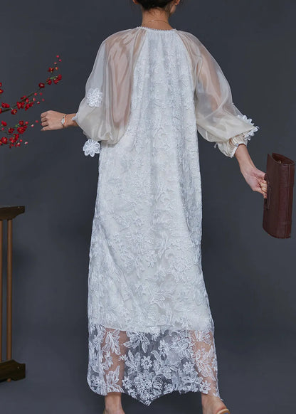 White Embroidered Tulle Robe Dresses Lantern Sleeve