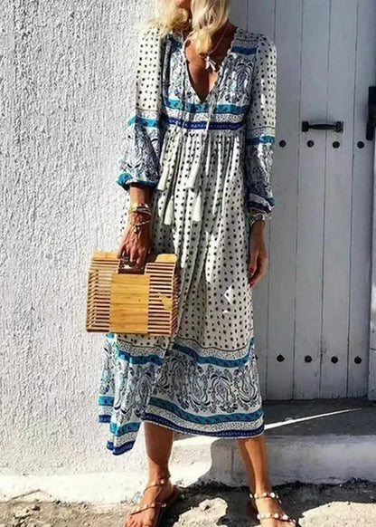 Red V Neck Print Lace Up Cotton Long Dresses Spring