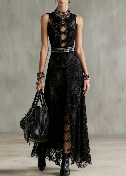 Black Hollow Out Side Open Lace Long Dresses Sleeveless Summer