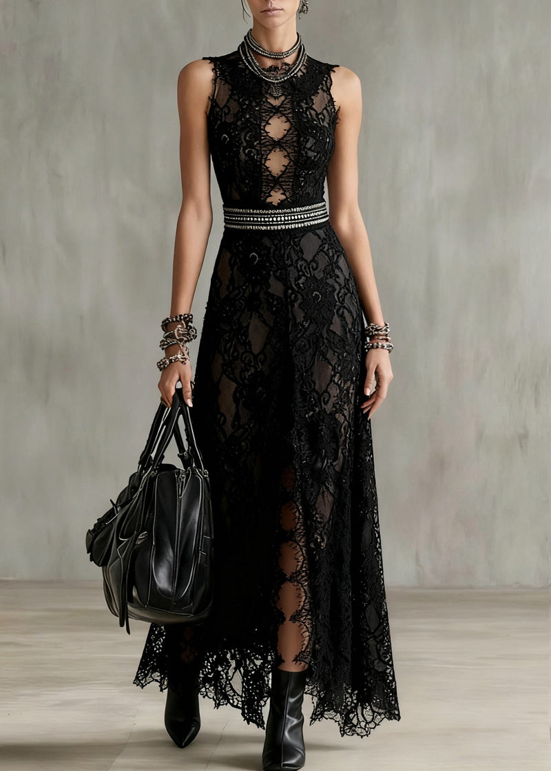 Black Hollow Out Side Open Lace Long Dresses Sleeveless Summer