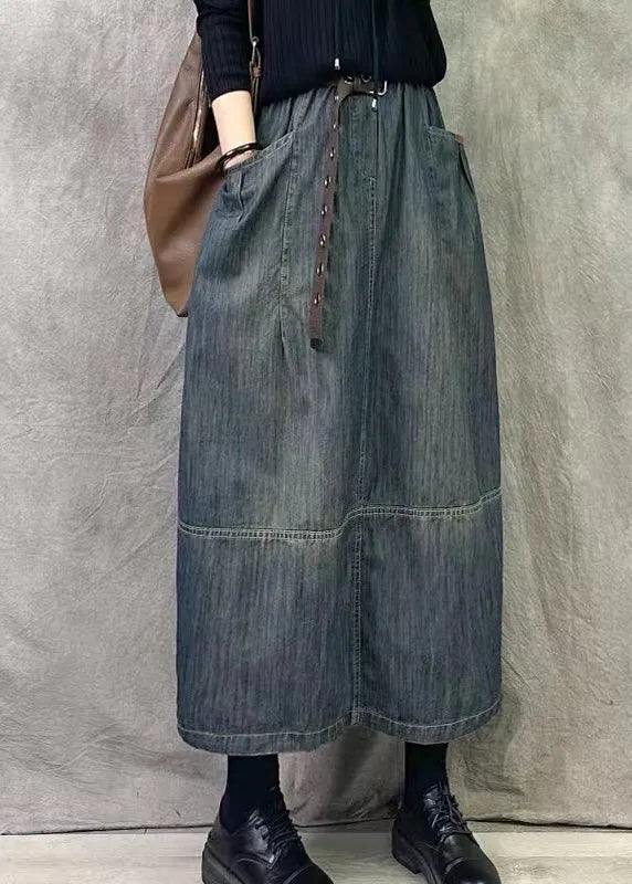 Grey Blue Pockets Patchwork Denim Skirts Spring