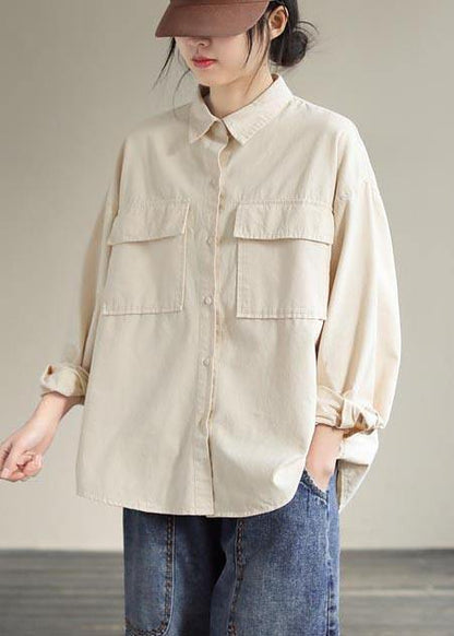 French Beige Tops Lapel Pockets Daily Spring Shirt