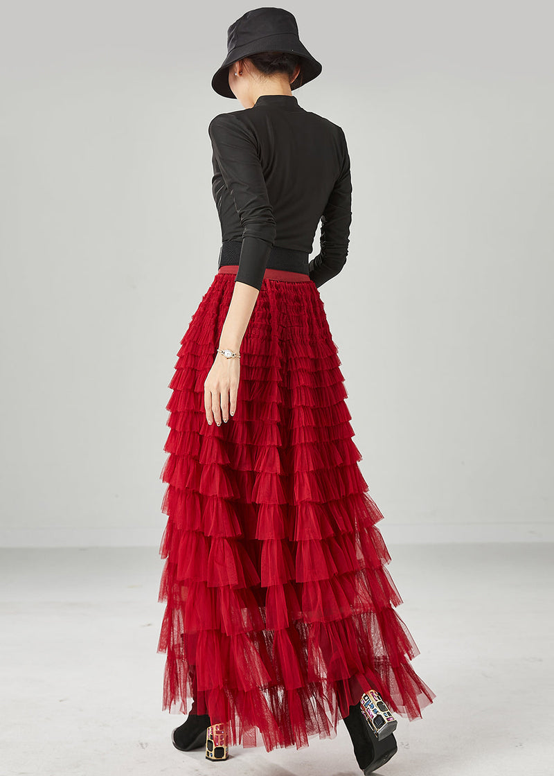 Organic Red Elastic Waist Layered Tulle a Line Skirt Summer