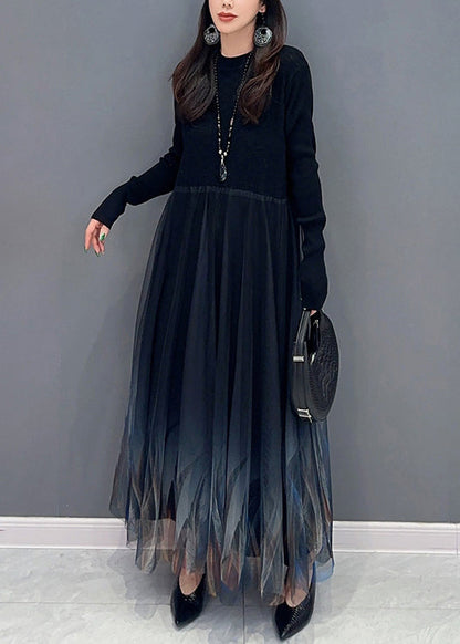 Black Knit Patchwork Tulle Dress Long Sleeve