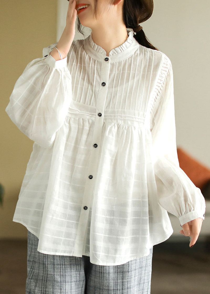 White Ruffled Patchwork Wrinkled Exra Large Hem Cotton Shirts Spring