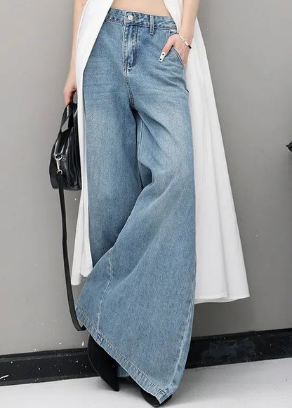 Simple Blue Pockets High Waist Denim Wide Leg Pants Fall