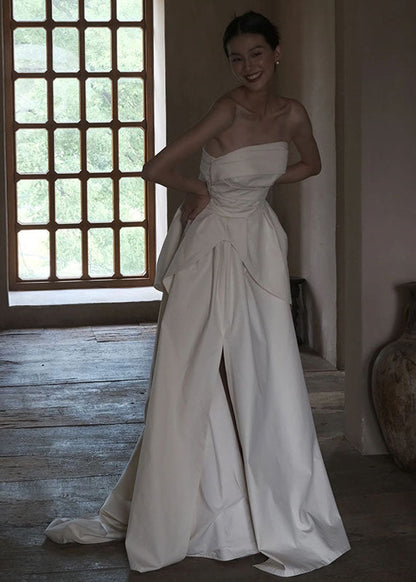Simple White Bustier Top Flattering Satin Long Dresses Sleeveless Summer