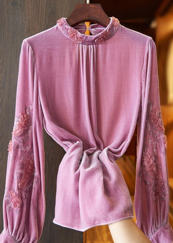 Pink Stand Collar Embroideried Velour Top Long Sleeve