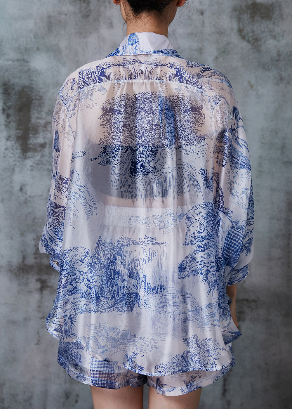 Blue Oversized Print Silk Upf 50+ Two Pieces Set Summer