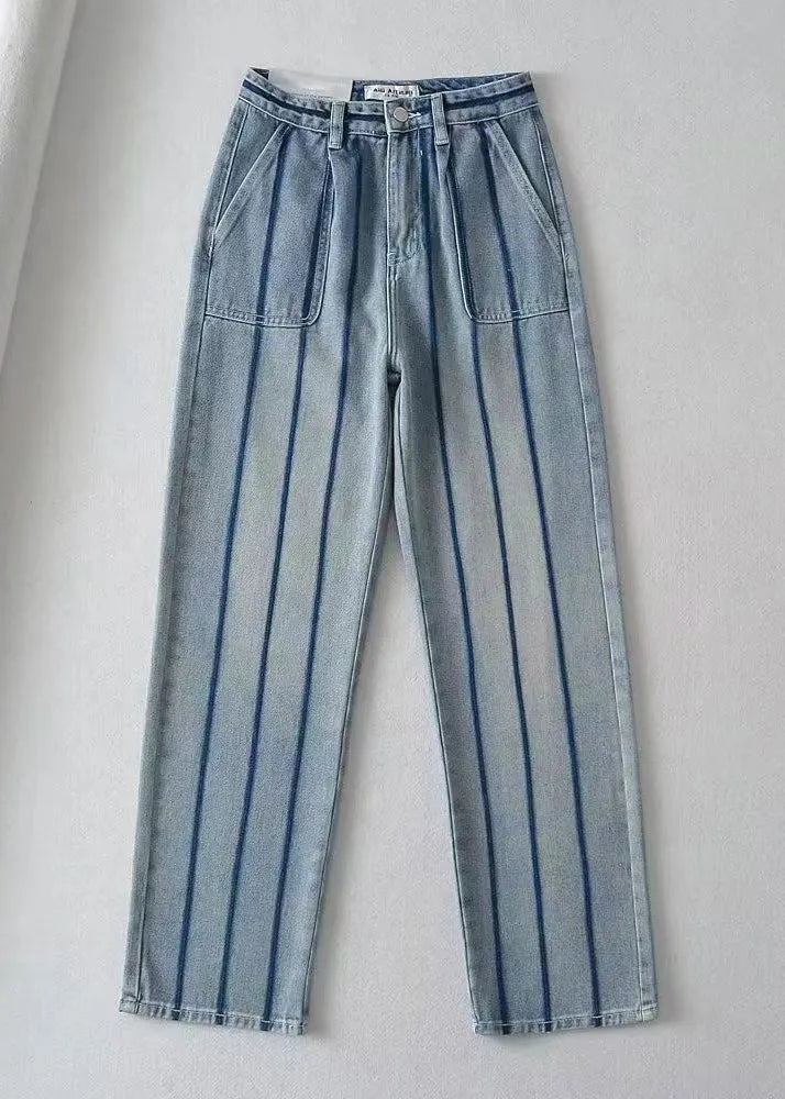 Blue High Waist Striped Patchwork Jeans Spring