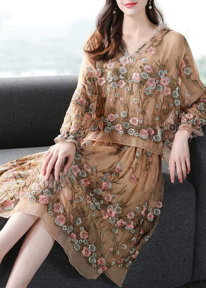 Boutique Beige Hooded Printing Patchwork Silk Fake Two Piece Dresses Spring