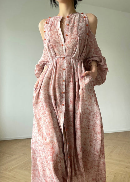 O-neck Print Button Pockets Tie Waist Chiffon Long Dresses Long Sleeve
